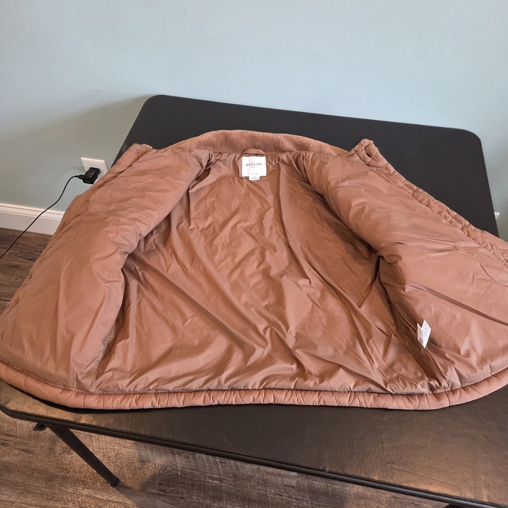 OFFLINE by Aerie Real Luxe Quilted Puffer Jacket Faux Fur Collar Brown Small - Picture 9 of 12